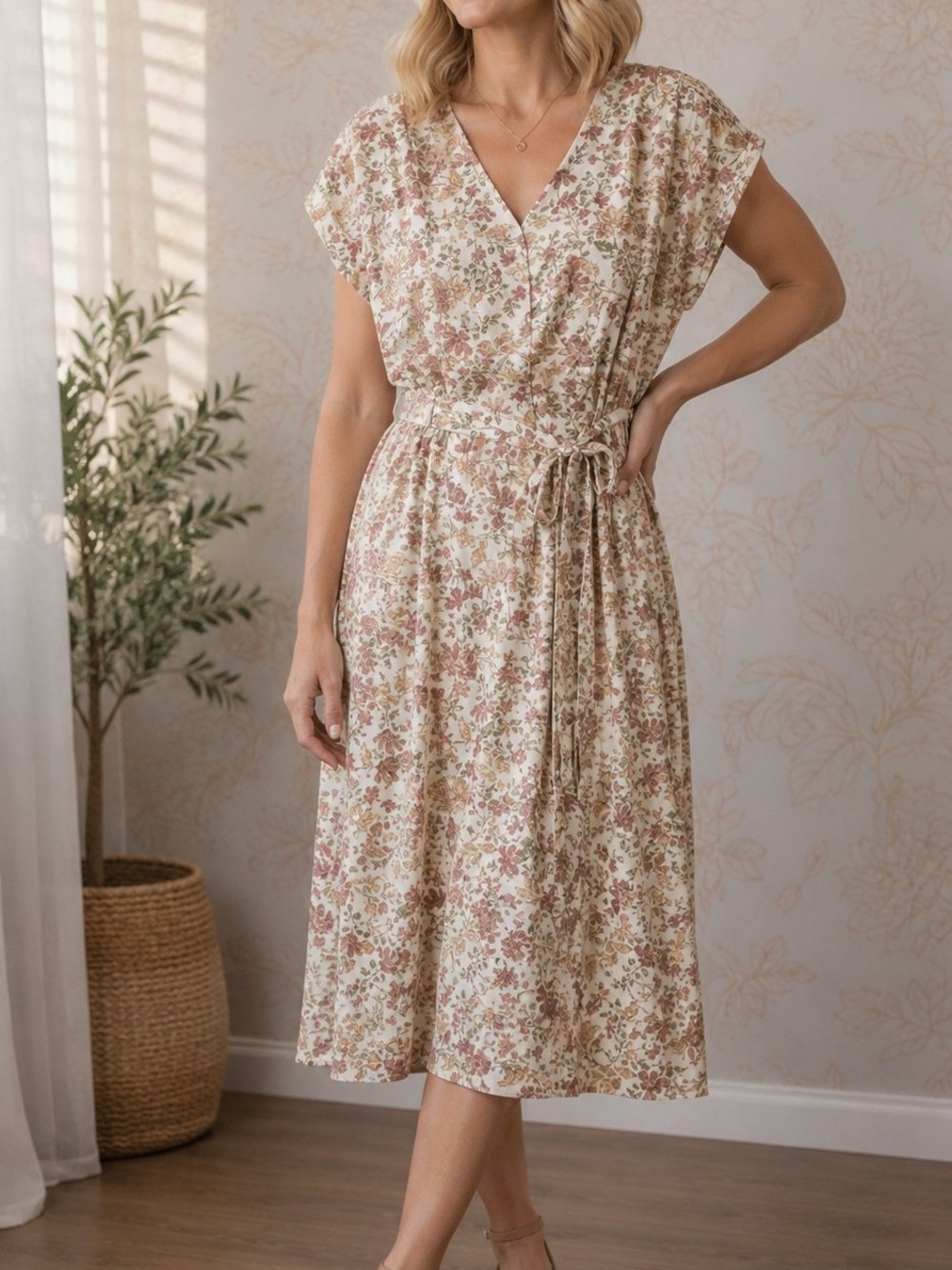 Lucky Brand Cream Midi Dress with Dusty Rose Floral Print